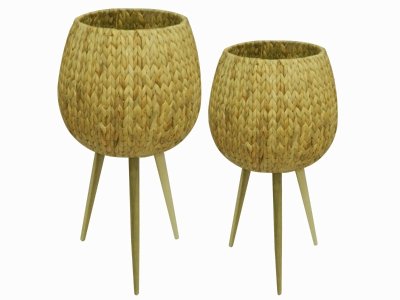 Artisanal Water Hyacinth Planters with Removable Wooden Legs - Set of 2